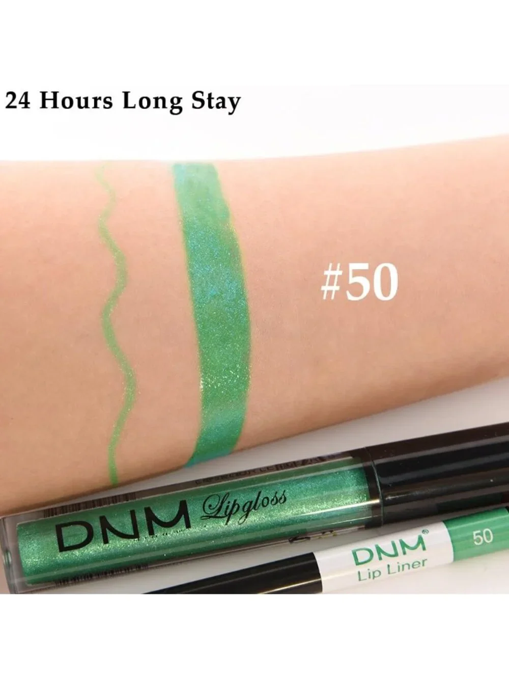 DNM 50# Green Glitter 2Pcs 24H Long-Lasting Matte Liquid Lipstick and Lip Liner